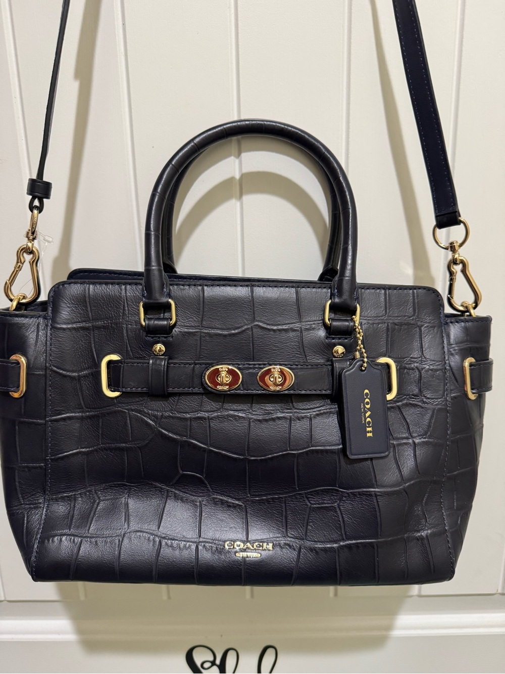 COACH Navy Croc-Embossed Leather Satchel with Gold Hardware